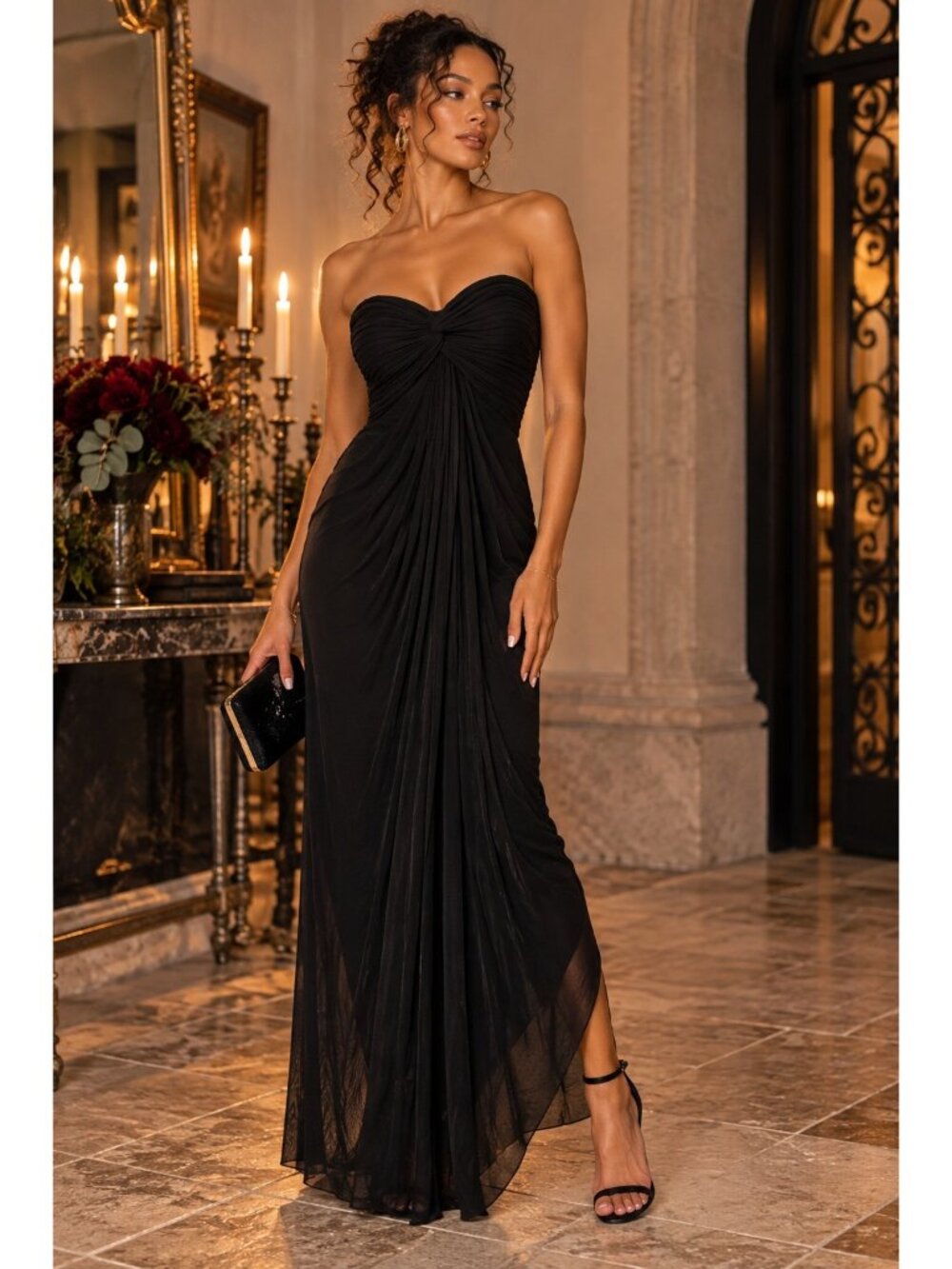 T by Tadashi Shoji Black Strapless Ruched Maxi Gown S Sweetheart Formal Dress